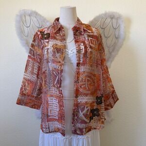 Earthy Boho Asian Print AOP Sheer Button Up Blouse Orange Rust Novelty Layering